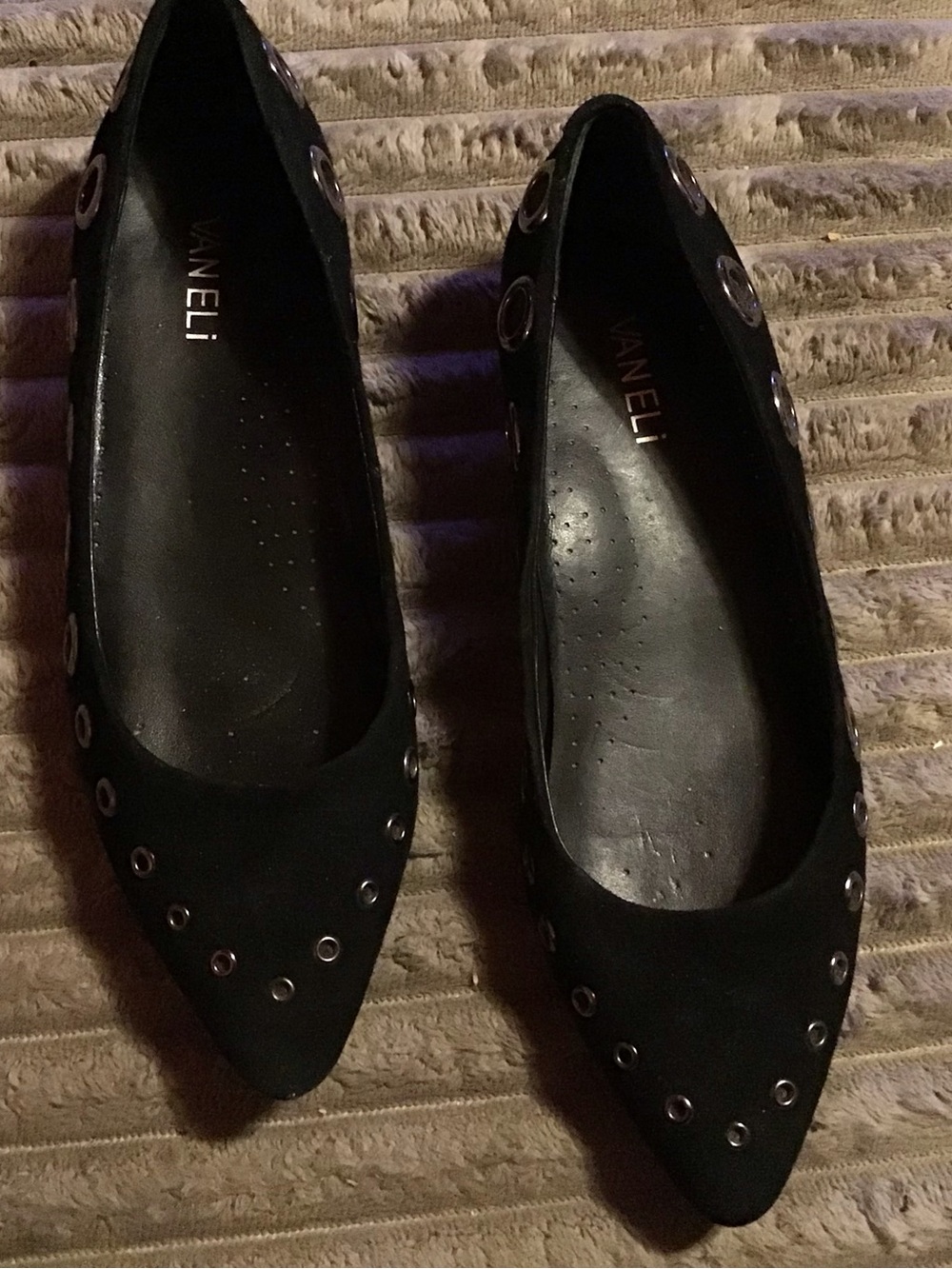 Vaneli Black Pointed-Toe Grommet Accent Flats